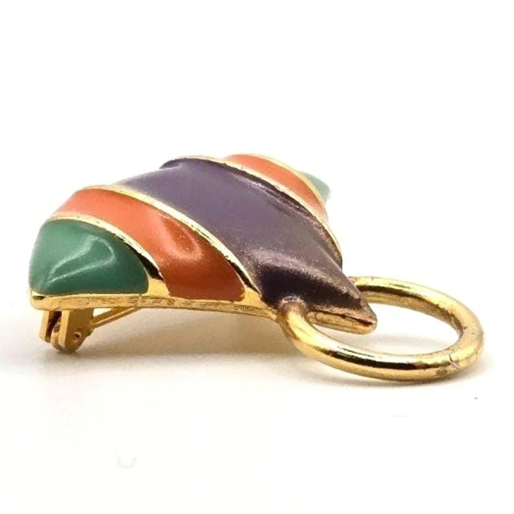 Vintage 1980s M Jent Gold Tone Green Purple Orange Enamel Triangular Brooch‎ Pin